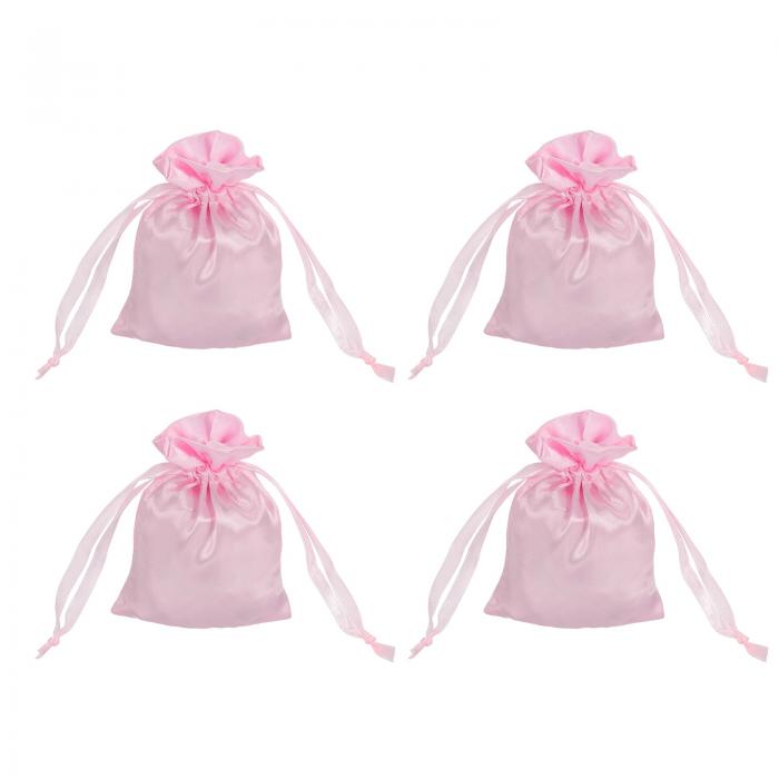 引き紐付きサテンバッグ、3x4インチのウェディングファボーバッグミニギフトパッケージングバッグ、誕生日、クリスマス、宝石パーティー用（ピンク、4個入り）