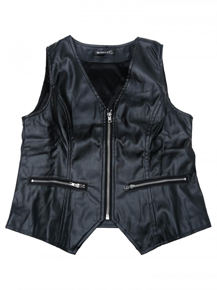 【期間限定10％OFF】Allegra K レディース フェイクレザー ウエストコート Vネック ノースリーブ ジッ..
