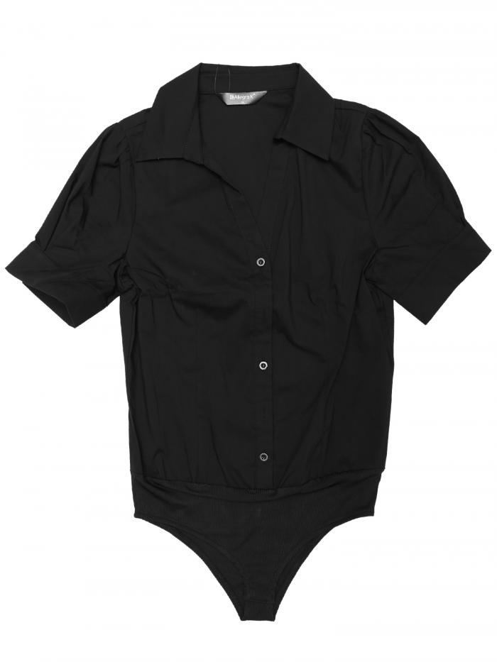 Allegra K ボディスーツ ブラウス シャツ ボタンダウン 半袖 レディース ブラック M