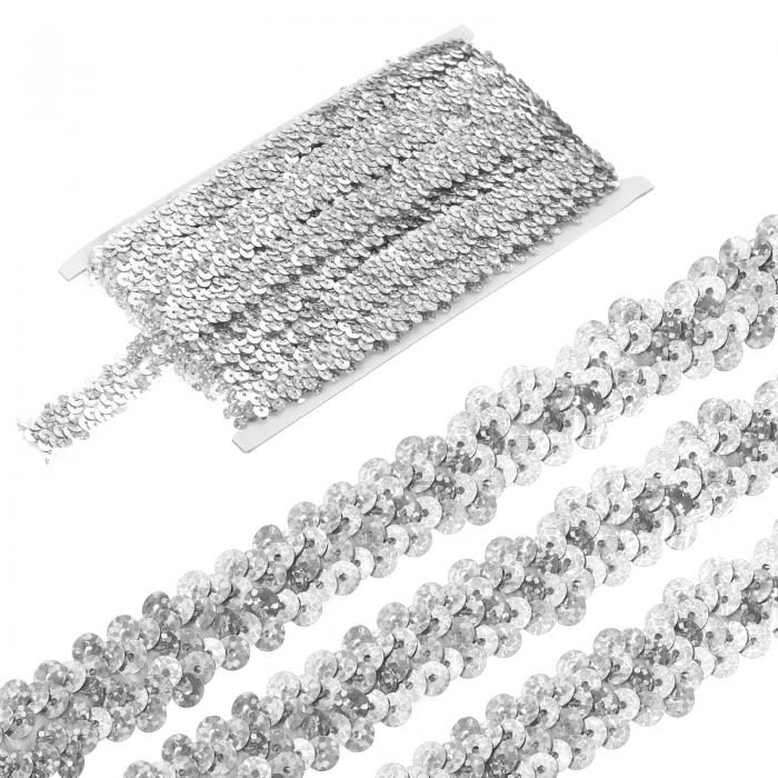 弾性スパンコールトリム 2列 フラットスパンコールストリップ スパンコール生地リボン 工芸品 DIY スパンコール フリンジ縫製用 11ヤード 2 cm シルバー