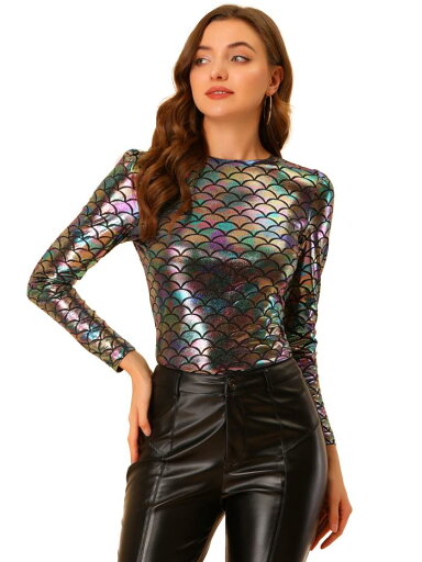 Allegra K レディース メタリックシャツ 輝く ディスコ パーティー用 トップス カラフル 2XL Allegra K レディース メタリックシャツ 輝く ディスコ パーティー用 トップス カラフル 2XL