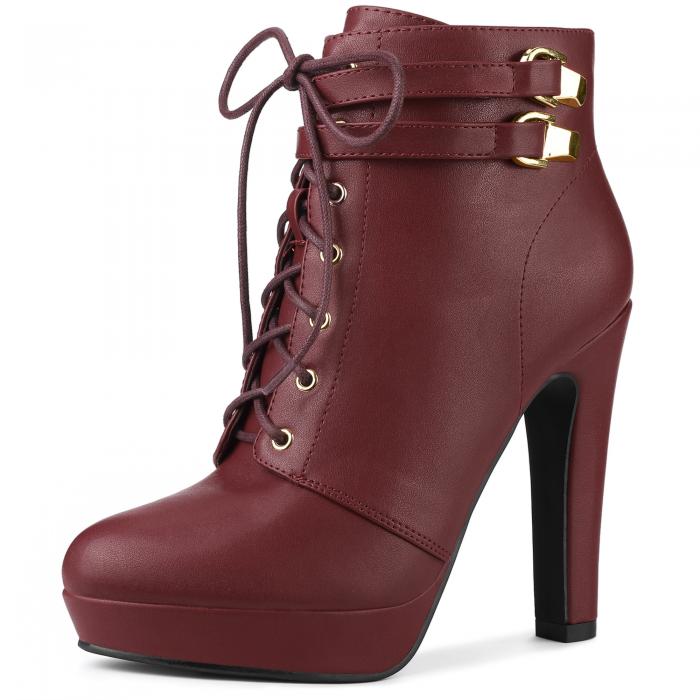 Allegra K レースアップ アンクルブーツ プラットフォーム ブロックヒール レディース ブルゴーニュ 24..