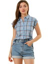 Allegra K ボタンダウン チェックシャツ ポイントカラー 格子 襟付き 夏 レディース ブルー 3XL