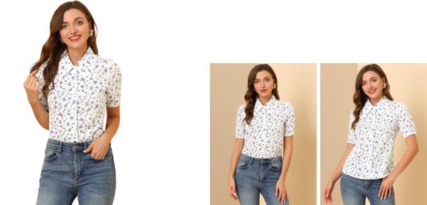 Allegra K トップス 花柄 シャツ レース フローラル ポイントカラー ボタンダウン レディース ホワイト XL