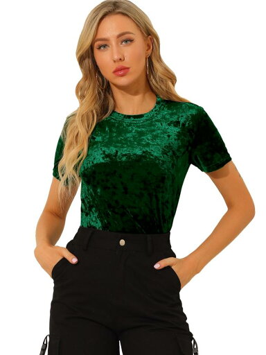 Allegra K ベルベット Tシャツ トップス 丸首 クルーネック 半袖 カジュアル レディース グリーン XS Allegra K ベルベット Tシャツ トップス 丸首 クルーネック 半袖 カジュアル レディース グリーン XS
