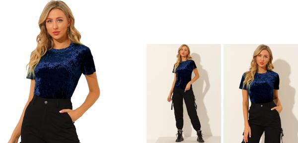 ソウテン Allegra K ベルベット Tシャツ トップス 丸首 クルーネック 半袖 カジュアル レディース ロイヤルブルー XL