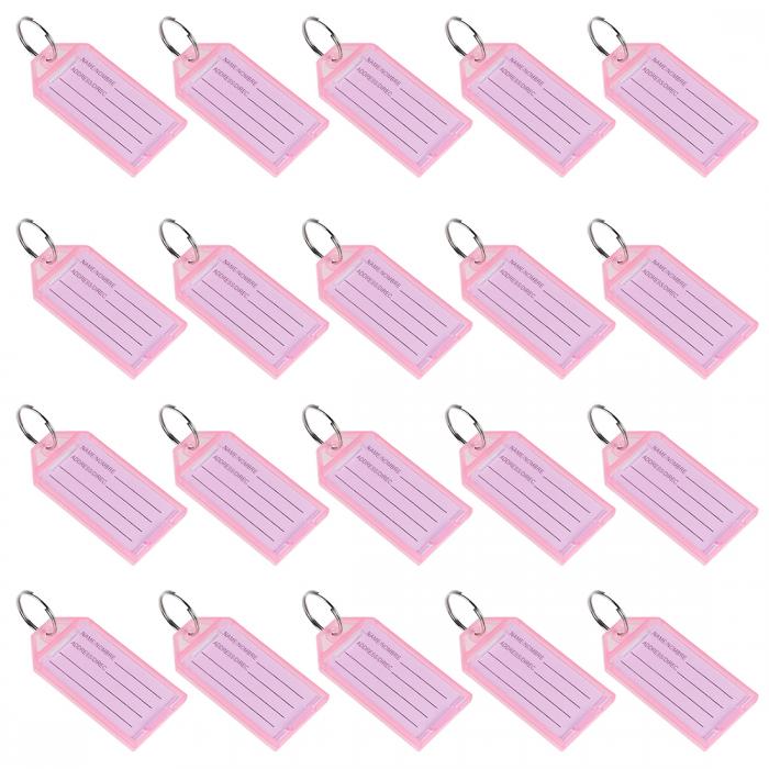 鍵タグ プラスチック製 スプリットキーリング キーチェン IDラゲージラベル サイズ56x29mm ピンク 20個入