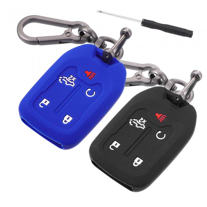 X AUTOHAUX スマートキーフォブケースカバー シリコーン Chevroletに対応 Silverado 1500に対応 2019-2022に対応 キーフォブシェルプロテクター キーレス キーホルダー付き ブラック ブルー 2個