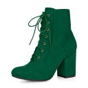Allegra K レースアップブーツ レディース ラウンドトゥ チャンキーヒール キルティングバック エメラルドグリーン 25.5 cm