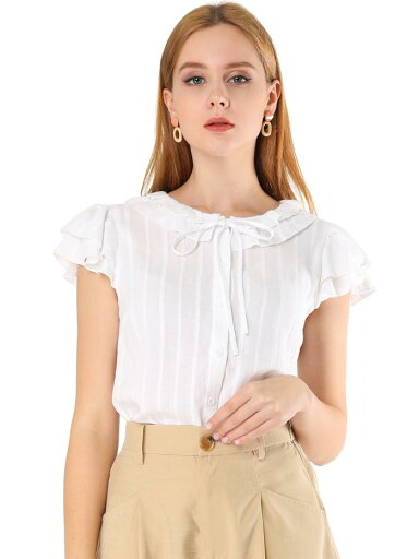 Allegra K ブラウス フラッタースリーブ ボタン前 ラッフルネックタイ レディース ホワイト L Allegra K ブラウス フラッタースリーブ ボタン前 ラッフルネックタイ レディース ホワイト L