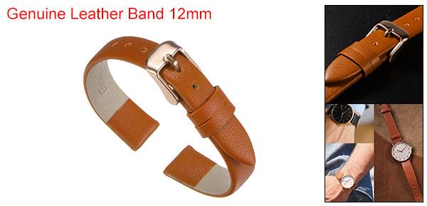 茶色 本物 レザーバンド 12mm幅 フラットで薄いエレガントなレザーウォッチストラップ ローズ金色 バックル 男性と女性用