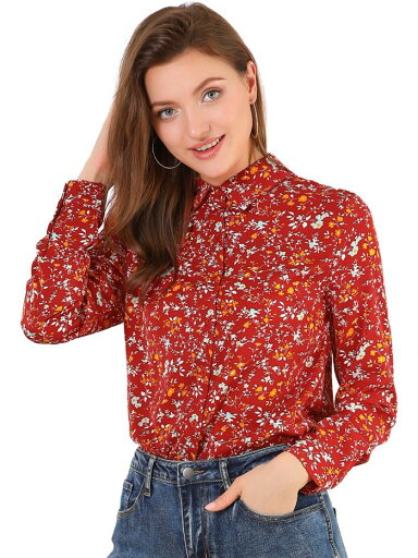 Allegra K 花柄シャツ ブラウス 長袖 おしゃれ ボタンダウン 通勤 オフィス カジュアル レディース レッド XS Allegra K 花柄シャツ ブラウス 長袖 おしゃれ ボタンダウン 通勤 オフィス カジュアル レディース レッド XS