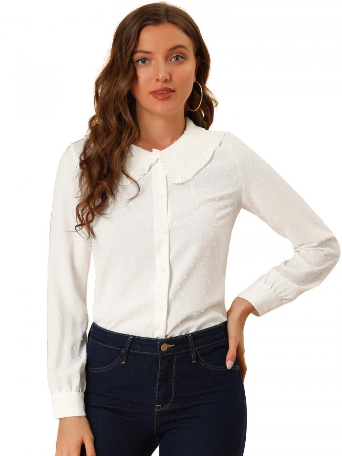 Allegra K 丸襟 シャツ ブラウス 水玉 長袖 ボタンフロントカジュアル レディース ホワイト M