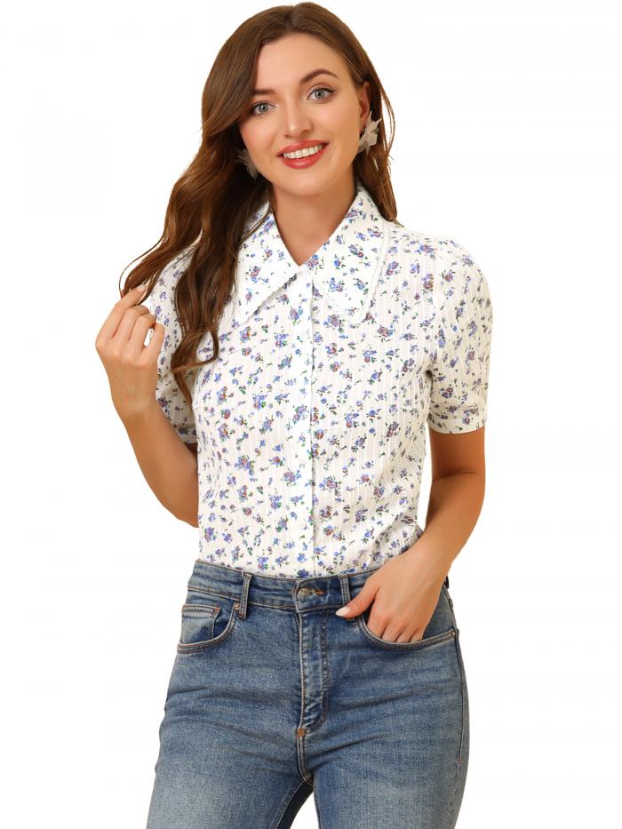 Allegra K トップス 花柄 シャツ レース フローラル ポイントカラー ボタンダウン レディース ホワイト XL