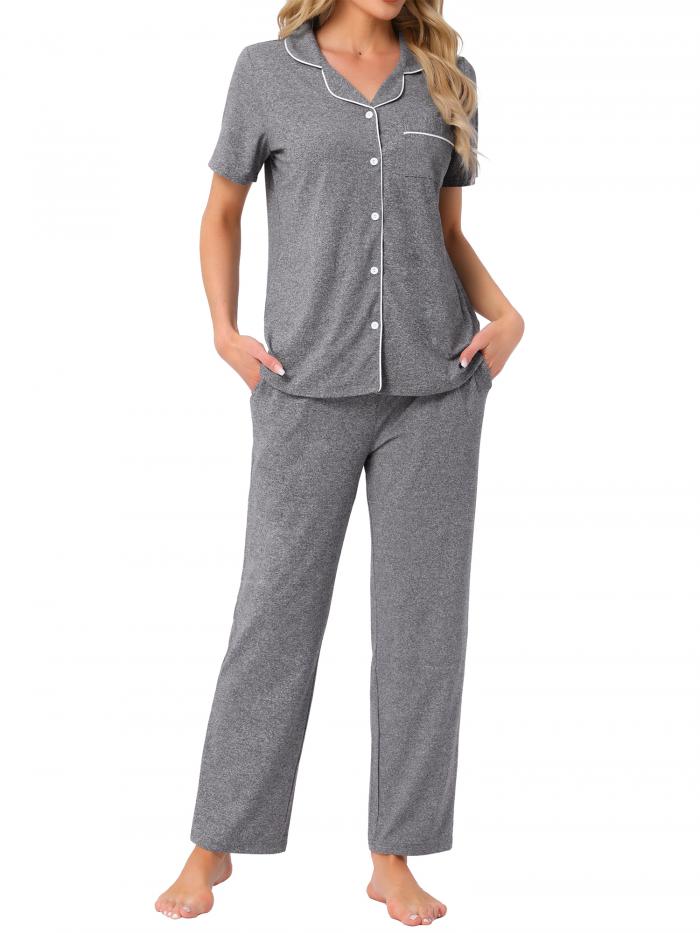 cheibear レディース パジャマセット ボタンダウン ソフト 半袖 寝巻き ロングパンツ 2ピース ラウンジセット ディープグレー L