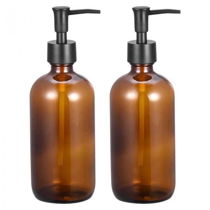 ソープディスペンサーセット- 17Oz ポンプ付き ガラス皿 ハンドソープディスペンサー キッチン バスルーム ブラウン 2個入り
