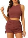 Allegra K 夏用 2ピース アウトフィット ストレッチ リブ タンク クロップ トップ 巾着 ショーツ セット レディース ブリックレッド S