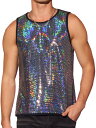 Lars Amadeus メンズ トップス メタリック ノースリーブ Tシャツ スパンコール タンクトップ シャイニー ベスト ナイトクラブ パーティー シルバー 2XL