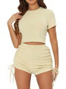 Allegra K 夏のトラックスーツ 2ピース アウトフィット 半袖 トップス ハイウエスト 巾着 ショーツ セット付き レディース ベージュ XL