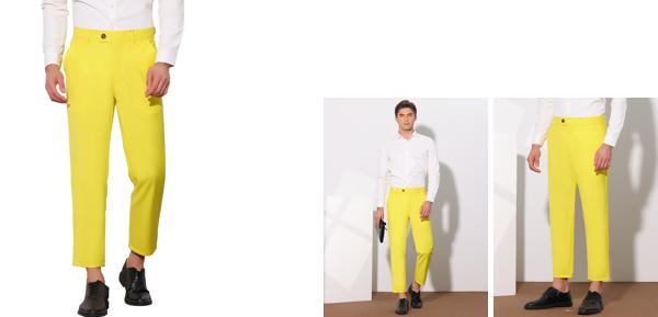 Lars Amadeus クロップドパンツ ペンシルパンツ スリムフィット フラットフロント 無地 足首丈 メンズ ライトイエロー 38