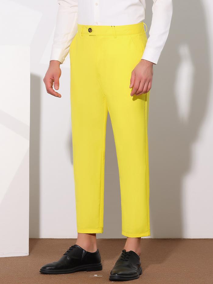 Lars Amadeus クロップドパンツ ペンシルパンツ スリムフィット フラットフロント 無地 足首丈 メンズ ライトイエロー 38