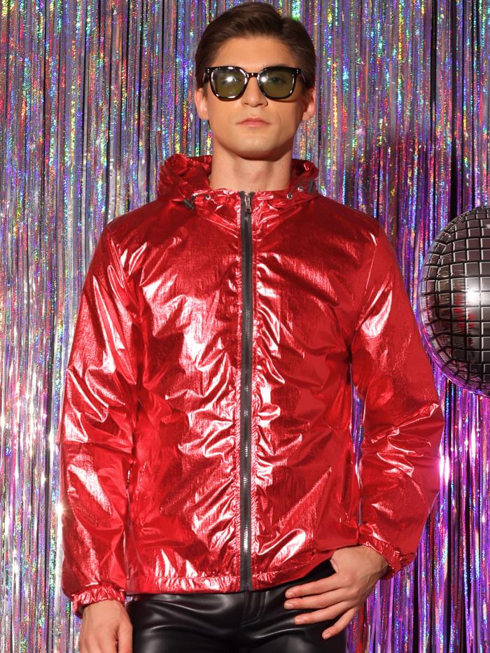 Lars Amadeus メンズ ドローストリング フード付き ジッパー パーティー クラブ ジャケット用メタリック ウインドブレーカー レッド M