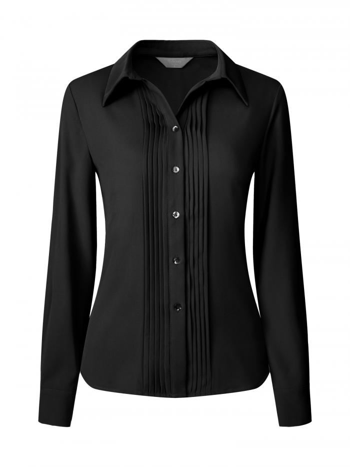 Hobemty トップス ブラウス ワークシャツ 長袖 プリーツ ボタンダウン 襟付き OL 学校 制服 通勤 レディース ブラック S