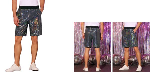 Lars Amadeus メンズ 夏用 スパンコール ショートパンツ 伸縮性ウエスト パーティー ナイトアウト ショーツ シルバー S