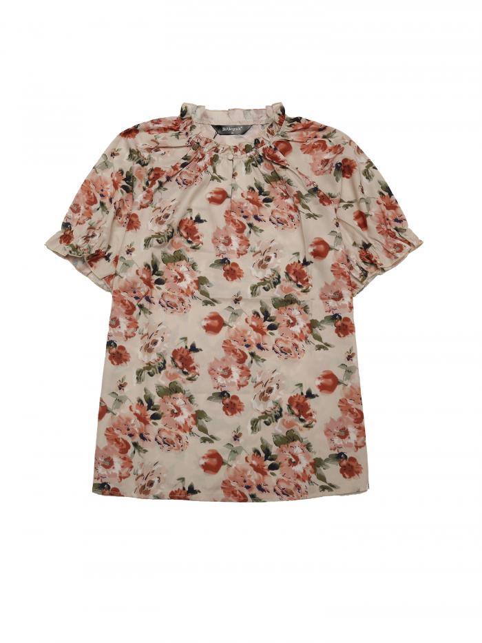 Allegra K 花柄 トップス ブラウス フリルネック モックネック 半袖 フローラル カジュアル レディース ベージュ 花柄 XS