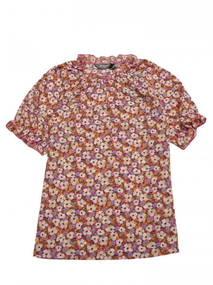 Allegra K 花柄 トップス ブラウス フリルネック モックネック 半袖 フローラル カジュアル レディース ホットピンク S