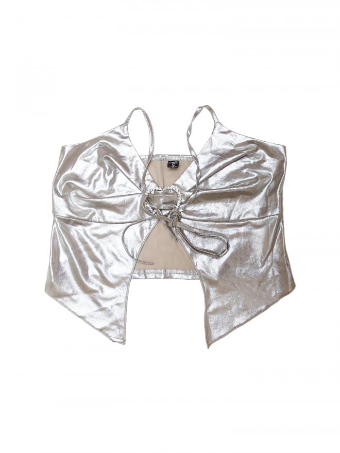 Allegra K キャミソール メタリック ノースリーブトップス ハートホック パゲッティストラップ ホルタ..