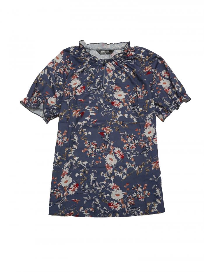 Allegra K 花柄 トップス ブラウス フリルネック モックネック 半袖 フローラル カジュアル レディース ダスティブルー XS