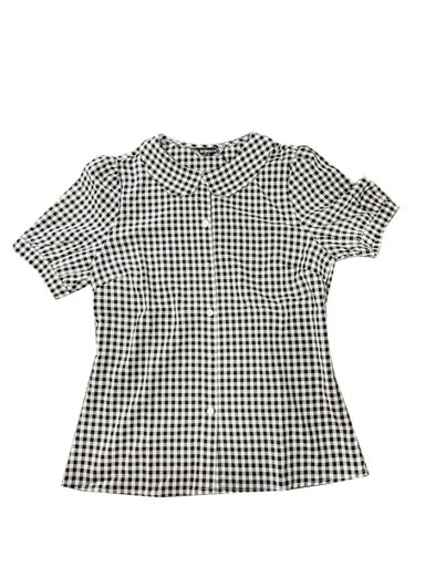 Allegra K チェックブラウス 丸襟 ボタンダウンシャツ パフ半袖 ギンガムトップス レディース ブラック M Allegra K チェックブラウス 丸襟 ボタンダウンシャツ パフ半袖 ギンガムトップス レディース ブラック M