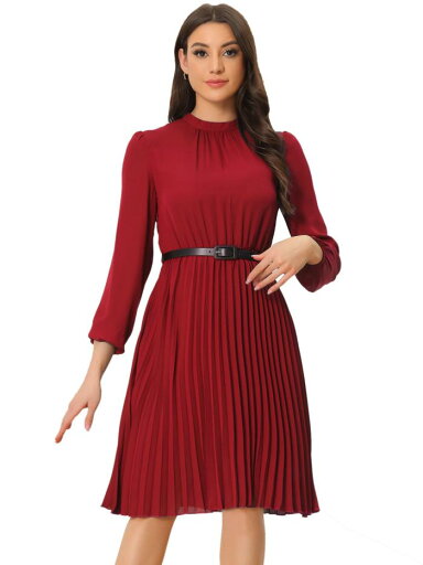 Allegra K シャツドレス ミディワンピース ワーク 長袖プリーツ レディース レッド S Allegra K シャツドレス ミディワンピース ワーク 長袖プリーツ レディース レッド S