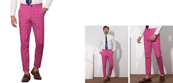 Lars Amadeus メンズドレスチェック柄スリムフィットフラットフロントビジネスパンツポケット付き ローズレッド 28