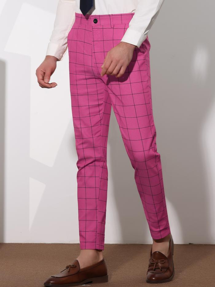 Lars Amadeus メンズドレスチェック柄スリムフィットフラットフロントビジネスパンツポケット付き ローズレッド 28