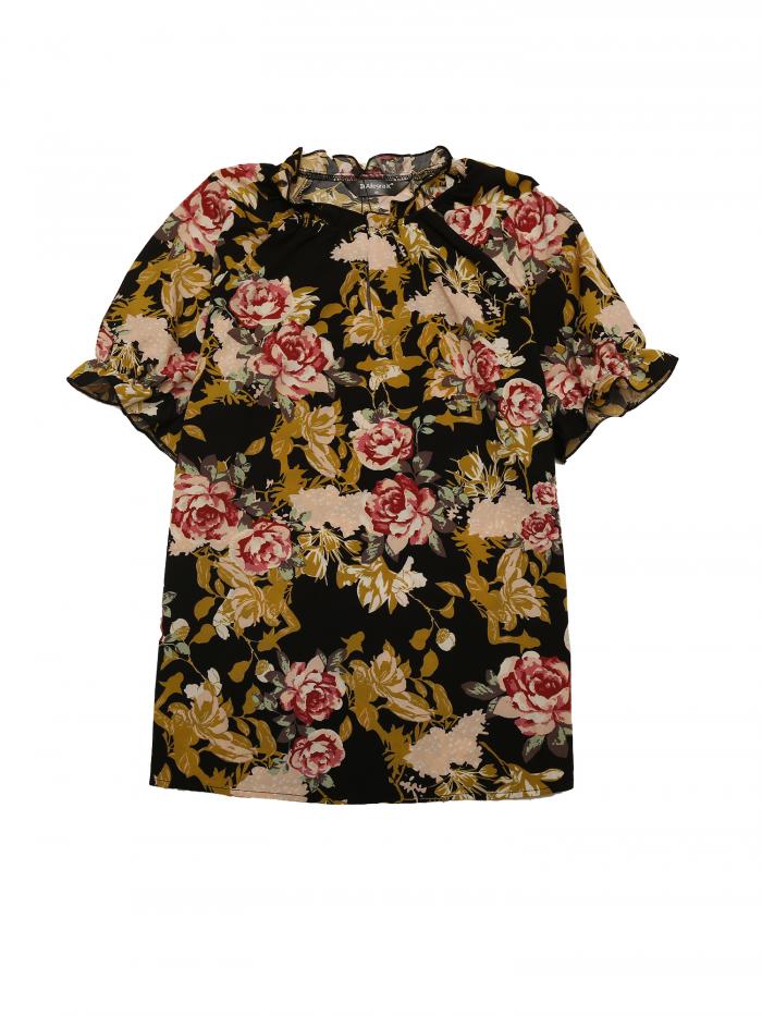 Allegra K 花柄 トップス ブラウス フリルネック モックネック 半袖 フローラル カジュアル レディース ブラックレッド M
