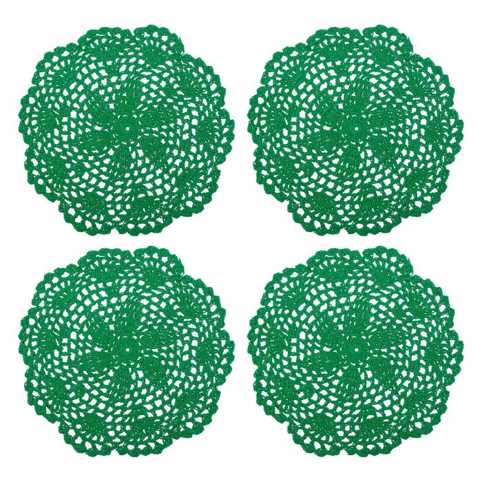 かぎ針編みドイリー 手作りのかぎ針編み綿コースター ラウンドレースプレースマッと 花柄付き ウェディングパーティーの装飾用 クリスマス緑 200 mm 4個