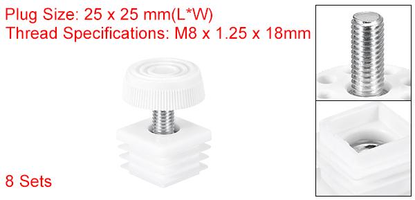 家具用調整脚 8セット 25 x 25mm - 四角い挿入式家具調整可能なレベラー M8スレッドナットパイププラグエンドキャップ挿入(ホワイト) [2]