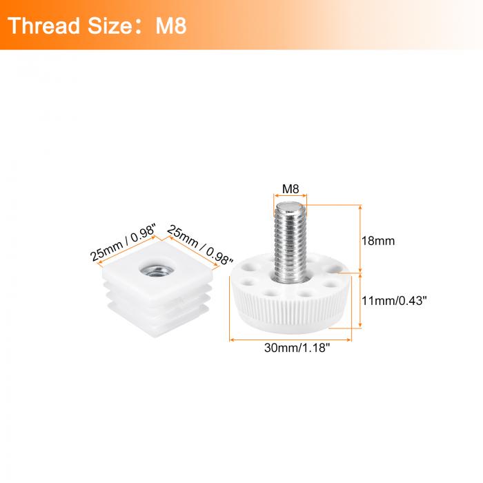 家具用調整脚 8セット 25 x 25mm - 四角い挿入式家具調整可能なレベラー M8スレッドナットパイププラグエンドキャップ挿入(ホワイト) [3]