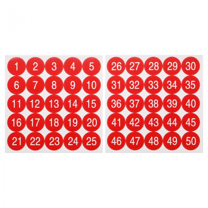 ラウンドナンバーステッカー 1-50ビニール連続番号ラベル 粘着式ナンバーデカール 事務所 教室 ボックスストレージ用 レッド 各38.1 mm 10個