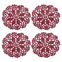 ファブリックコースター 綿織かぎ針編みドイリー レース刺繍カップマッと 花柄付き ウェディングパーティーの装飾用 クラレット 105 mm 4個