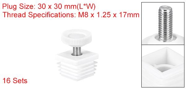 家具用調整脚 16セット 30 x 30 mm - 四角い挿入家具調整可能なレベラー M8スレッドナットパイププラグ ブ ランキングエンドキャップ挿入(ホワイト)