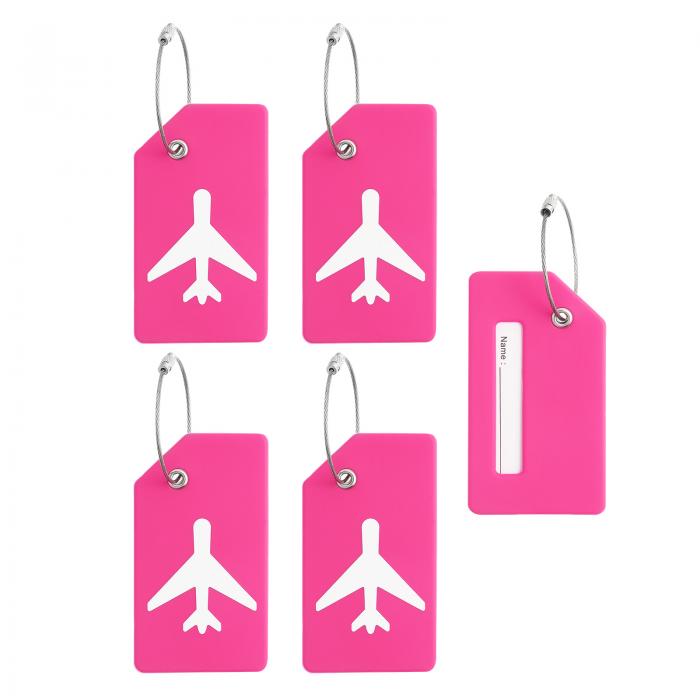PATIKIL シリコーン製ラゲッジタグ 5個のシリコーン製スーツケースタグ識別子名IDカードホルダープライバシー保護独特ラゲッジネームタグ ステンレススチールループ付き ローズレッド