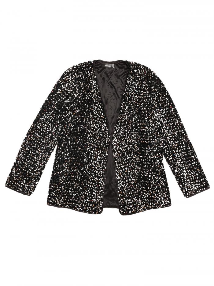 Allegra K レディース スパンコールジャケット オープンフロント 長袖 シャイニー デダンス パーティーカーディガン 春秋コート シルバー L