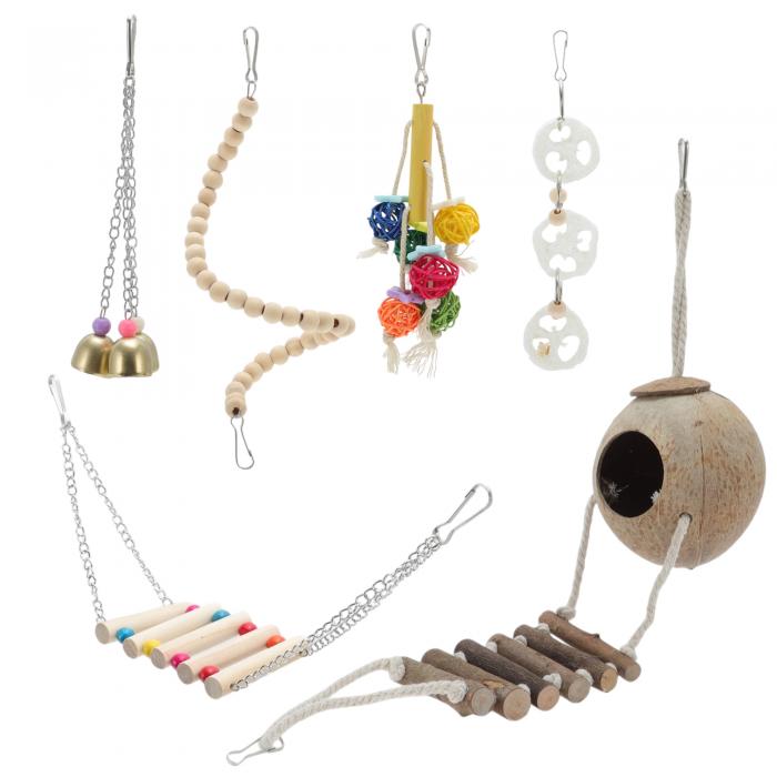 RENEWREVITAL インコのお もちゃ 鳥のお もちゃ 6個セット 多機能な天然ココナッツ隠れ家 はしご ブラ..