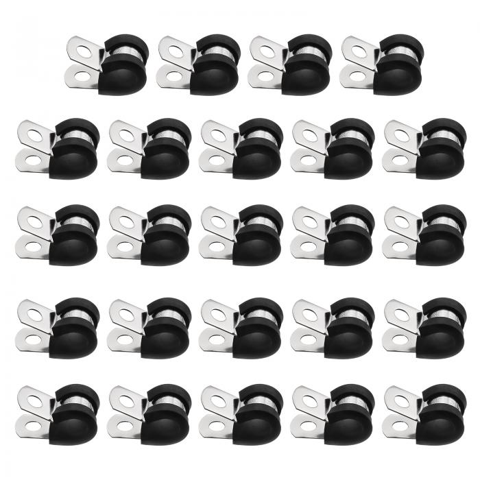 24個9mm(11/32")ケーブルクランプ 304ステンレススチールラバーコーティングクッション付き絶縁ケーブルクランプRチューブストラップクランプ ラインパイプホースワイヤーコード取り付け用 黒