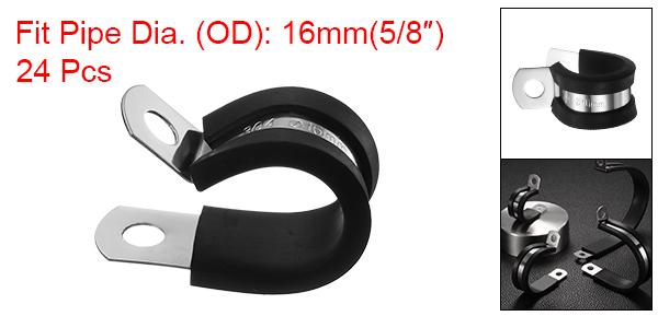 24個16mm(5/8")ケーブルクランプ 304ステンレススチールラバーコーティングクッション付き絶縁ケーブルクランプRチューブストラップクランプ ラインパイプホースワイヤーコード取り付け用 黒