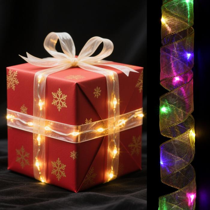 LEDライト銅線リボン 3.28フィートリボンボウライトバッテリー式クリスマスツリーデコレーションストリ..