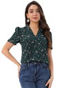 Allegra K シャツ ブラウス 半袖 水玉 チェリー柄 可愛い トップス Vネック プリント 折り襟 夏 レディース ダークグリーン M